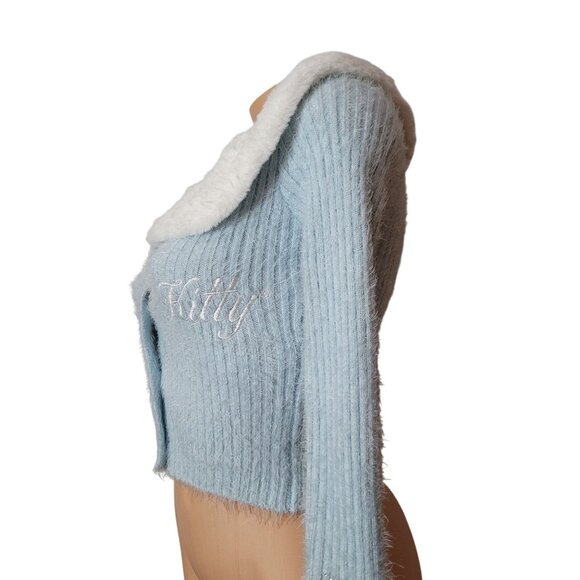 Hello Kitty & Friends X Forever 21 Blue Knit Cardigan W/Faux Fur Collar & Cuff - Picture 13 of 16